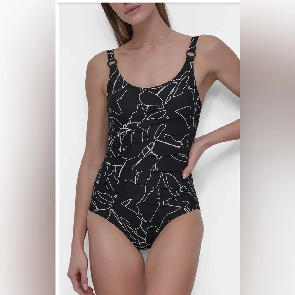 DKNY Women's Black and White Starburst One Piece Bathing Suit Size Large‎ - Picture 2 of 15